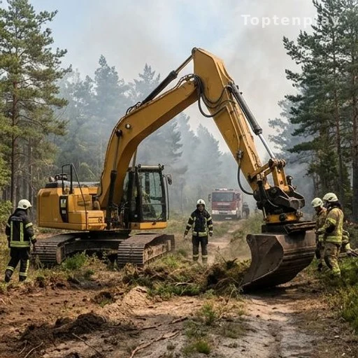 Engin de chantier créant un pare-feu en forêt de pins lors d'un incendie