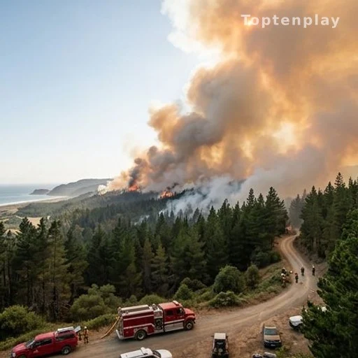 Incendie de forêt en Gironde avec fumée orange et véhicules de secours