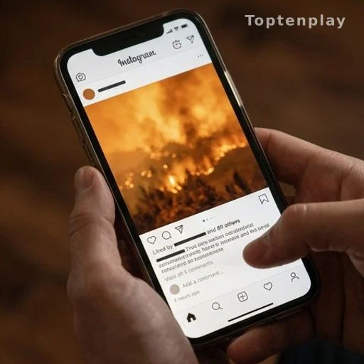 Mains tenant un smartphone affichant une publication Instagram sur fond de paysage en flammes
