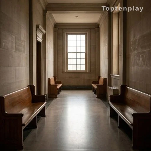 Couloir d'un palais de justice avec bancs en bois et lumière naturelle