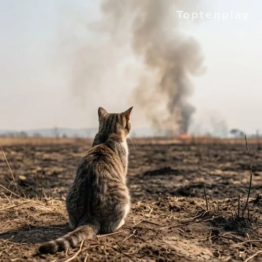 Chat dans un champ sec avec fumée d'incendie en arrière-plan, Calabre