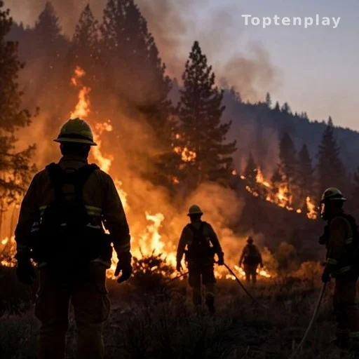 Pompiers en intervention face à un incendie de forêt en Calabre