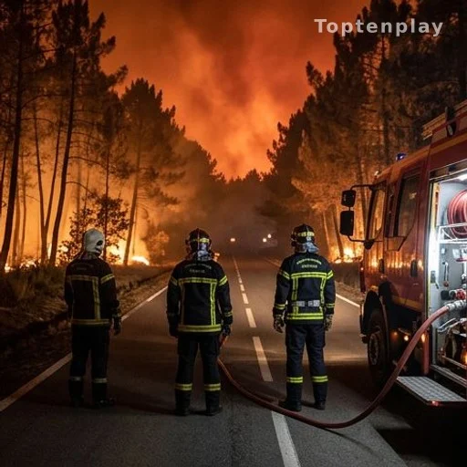 Pompiers de dos face à un incendie de forêt dans les Landes, lueur orange dans le ciel