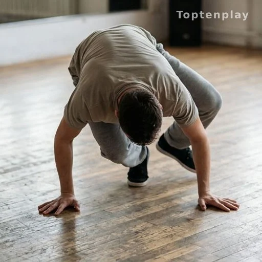 Danseur de breakdance en position au sol illustrant les risques de mouvements répétitifs