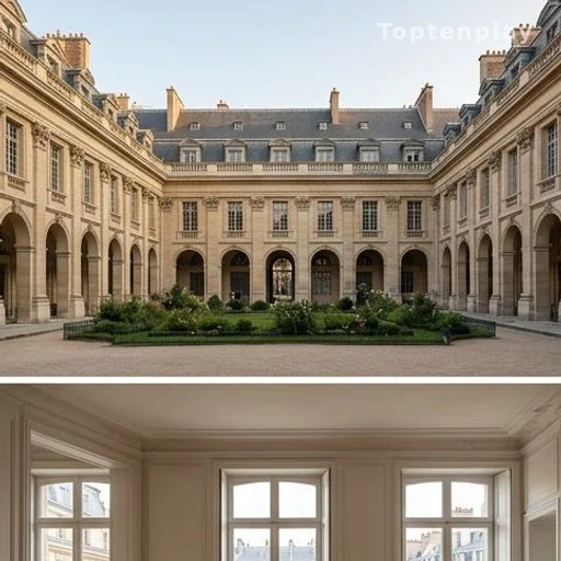 Façade en pierre d'une place historique parisienne sous la lumière de fin de journée