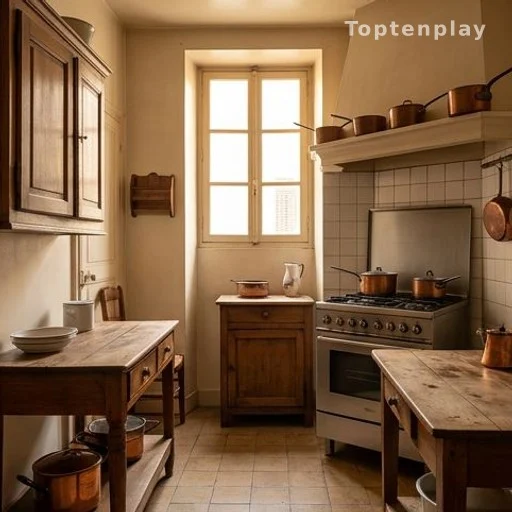 Petite cuisine parisienne ancienne avec mobilier en bois et lumière naturelle