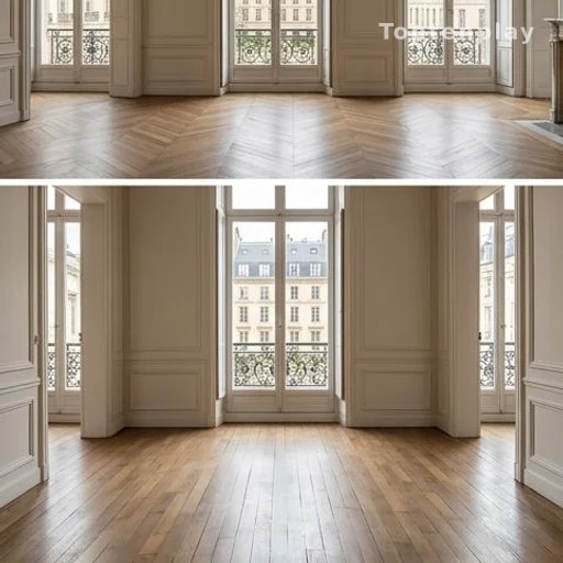 Grand appartement parisien avec hauts plafonds et fenêtres donnant sur une place historique