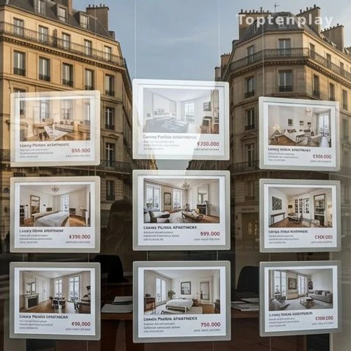 Vitrine d'agence immobilière parisienne avec annonces de biens de prestige