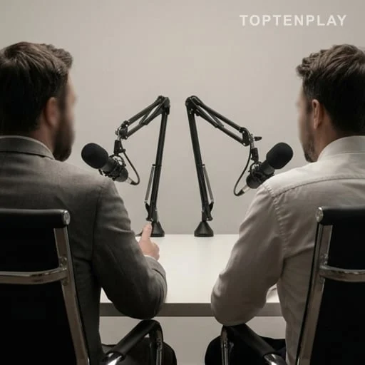 Deux intervenants de dos dans un studio de podcast