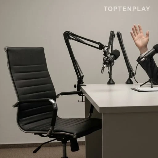 Chaise repoussée près d’une table d’interview télévisée