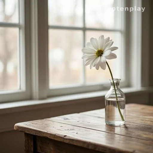 Fleur blanche posée sur une table en bois, lumière naturelle douce