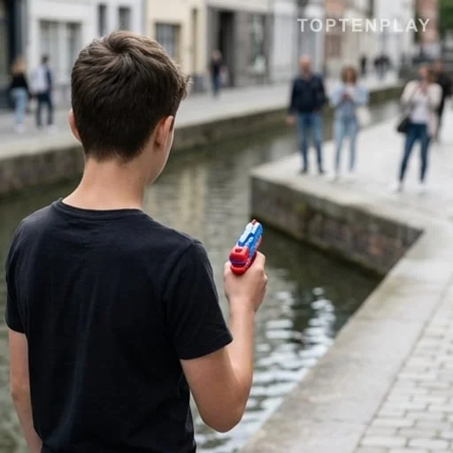 Adolescent anonyme avec pistolet à eau près d’un canal