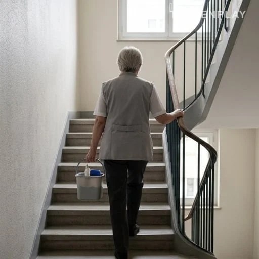 Gardienne âgée travaillant dans l’escalier avant sa retraite