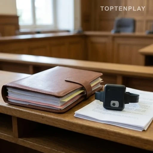 Dossier de justice et bracelet électronique sur une table