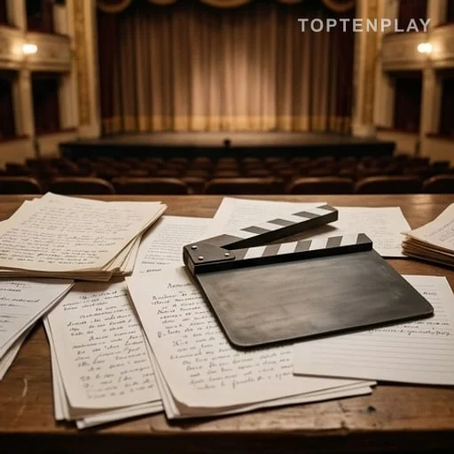 Manuscrit, notes de théâtre et clap de cinéma
