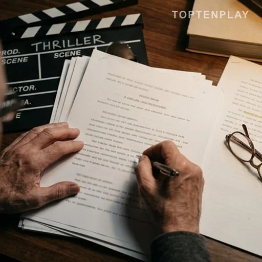 Manuscrit de roman et clap rappelant cinéma et écriture
