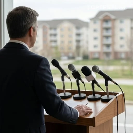 Silhouette politique devant micros et quartier populaire