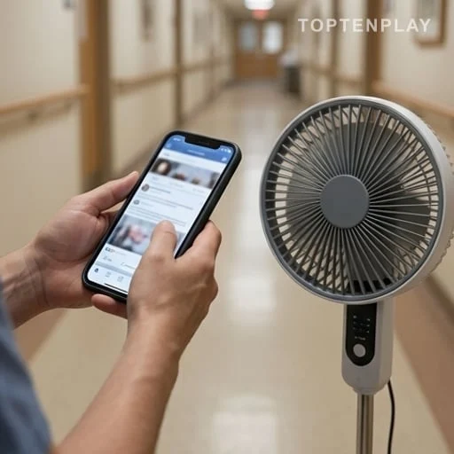 Smartphone et ventilateur dans un couloir d’EHPAD