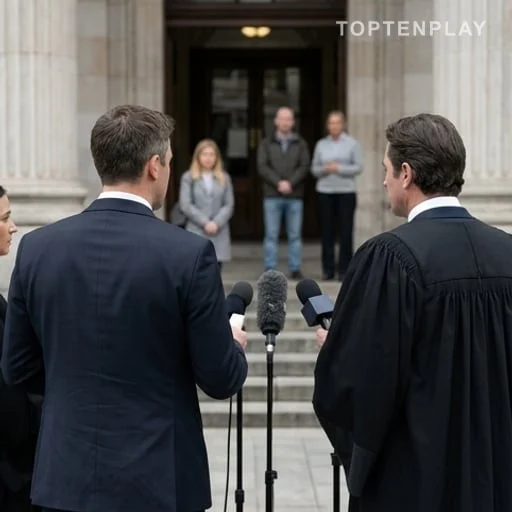 Avocats face aux micros devant un palais de justice