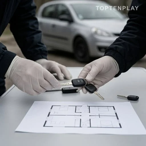 Clés de voiture examinées avec le plan d’une maison