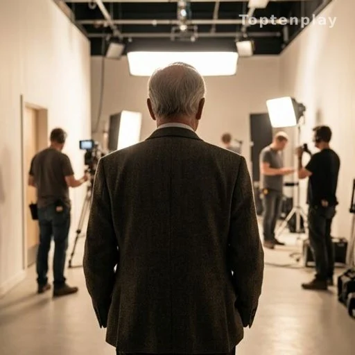 Silhouette d'un homme âgé de dos dans un couloir de studio de cinéma