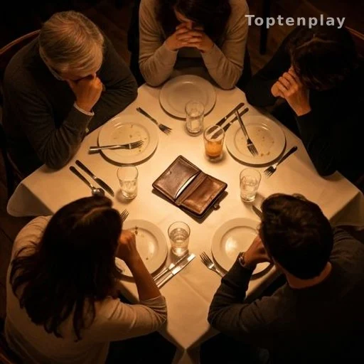 Groupe de personnes attablées au restaurant avec un portefeuille vide sur la table