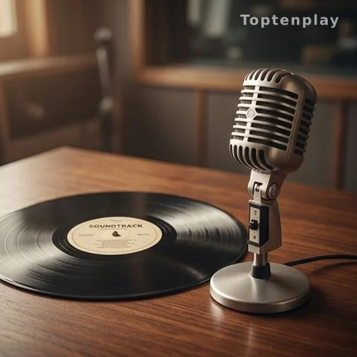Disque vinyle et microphone dans un studio radio, ambiance années 1980