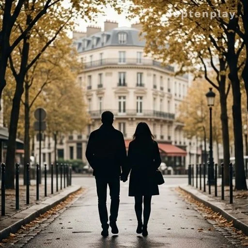 Couple vu de dos marchant dans une rue parisienne en automne