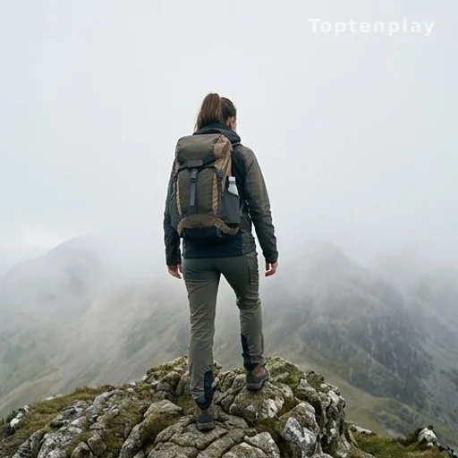 Randonneuse au sommet d'un pic montagneux britannique sous la brume