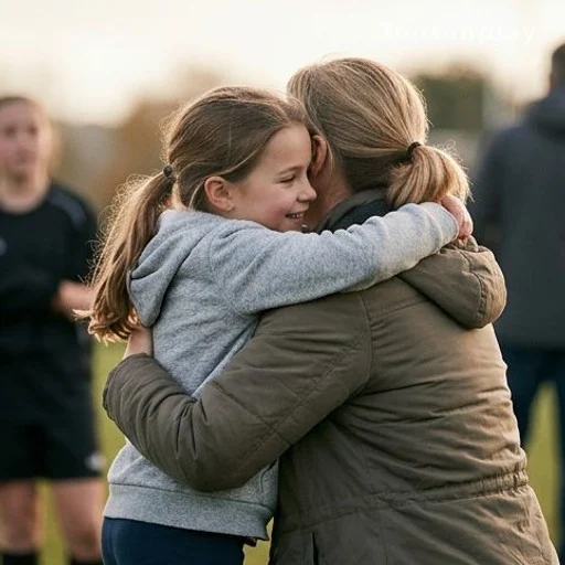 Enfant serrant un parent dans ses bras à l'arrivée d'un défi sportif