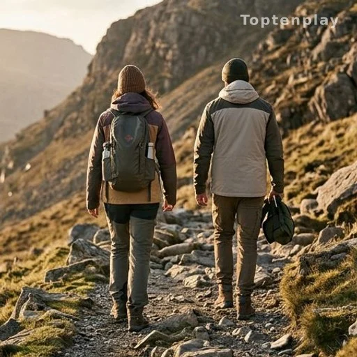 Deux randonneurs côte à côte sur un sentier de montagne au coucher du soleil