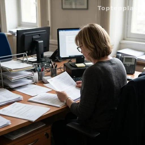 Femme senior travaillant sur des dossiers administratifs dans un bureau professionnel