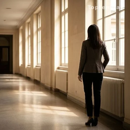 Silhouette d'une femme cadre dans les couloirs d'un bâtiment institutionnel