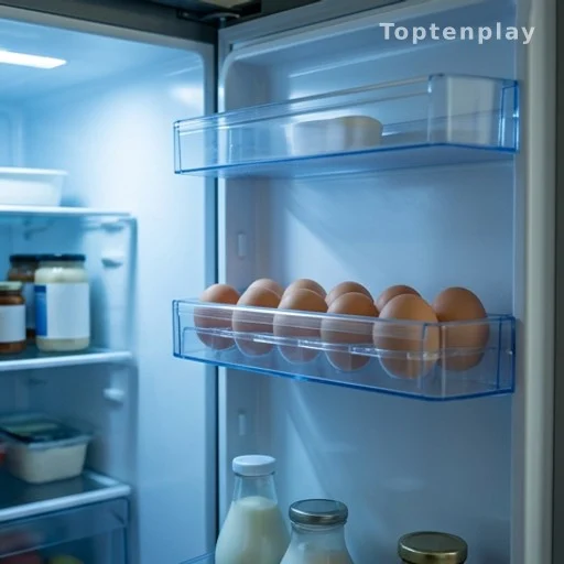 Intérieur d'un réfrigérateur ouvert avec des œufs rangés dans la porte