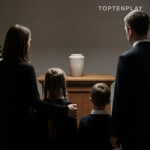 Famille anonyme devant une urne funéraire
