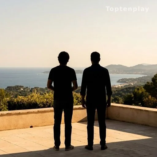 Deux silhouettes sur une terrasse provençale avec vue sur la mer