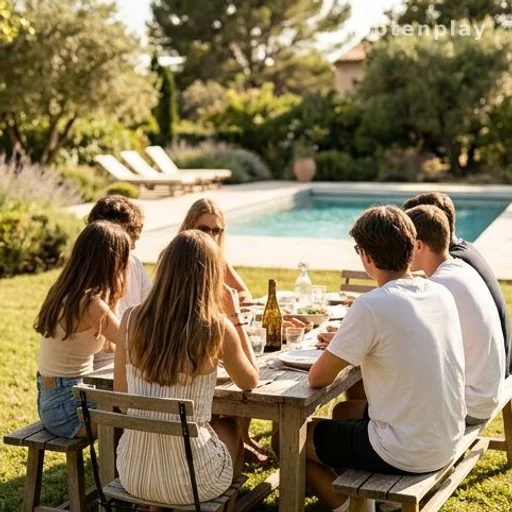 Groupe de jeunes réunis dans un jardin ensoleillé du sud de la France