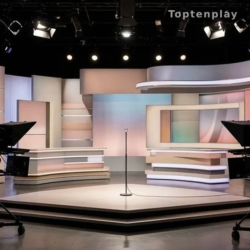 Plateau de jeu télévisé vide avec éclairages colorés avant une émission