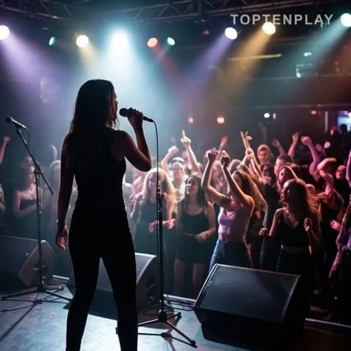 Silhouette de chanteuse sur scène pop éclairée