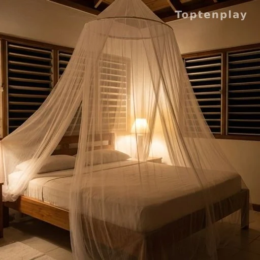Moustiquaire au-dessus d'un lit dans une maison tropicale, protection contre les insectes dangereux