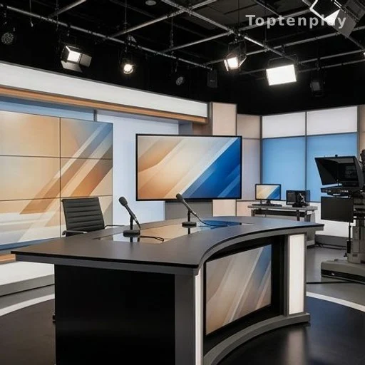 Plateau de télévision vide avec bureau de présentatrice et micros