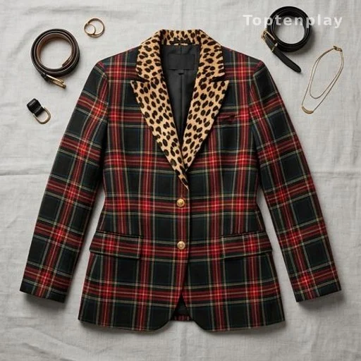 Blazer tartan rouge et noir à revers léopard Lola Casademunt