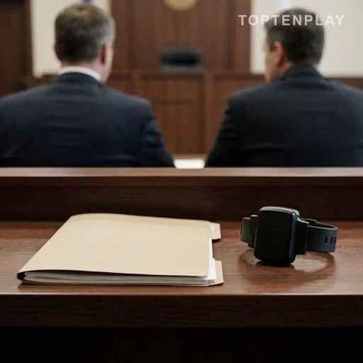 Dossier de justice et bracelet électronique sur une table