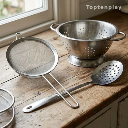 Assortiment d'ustensiles de cuisine pour filtrer et égoutter sur un plan de travail