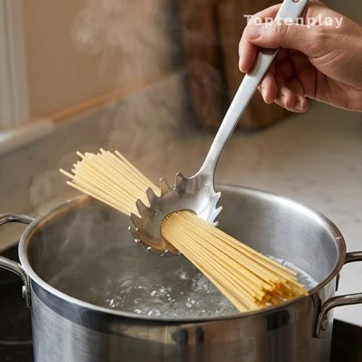 Cuillère à spaghetti avec trou central utilisée pour mesurer une portion de pâtes sèches