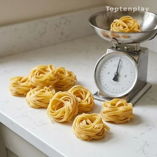 Nids de tagliatelles sèches posés à côté d'une balance de cuisine pour doser les portions