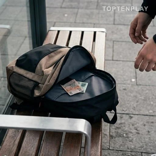 Sac ouvert avec argent posé sur un banc