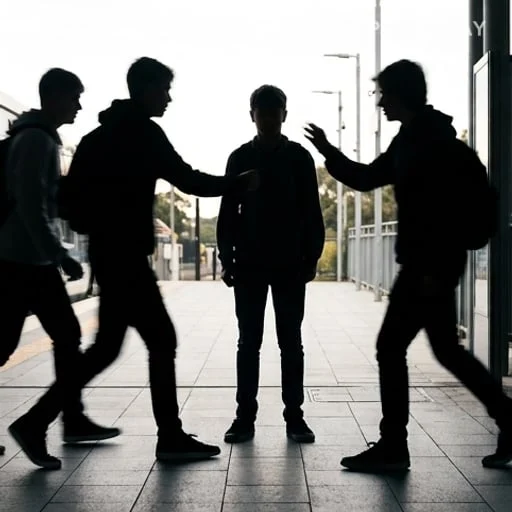 Silhouettes anonymes autour d’un jeune en mouvement