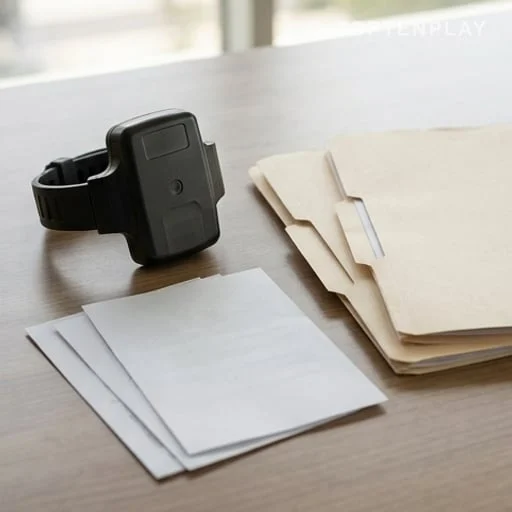 Bracelet électronique posé près de dossiers de justice