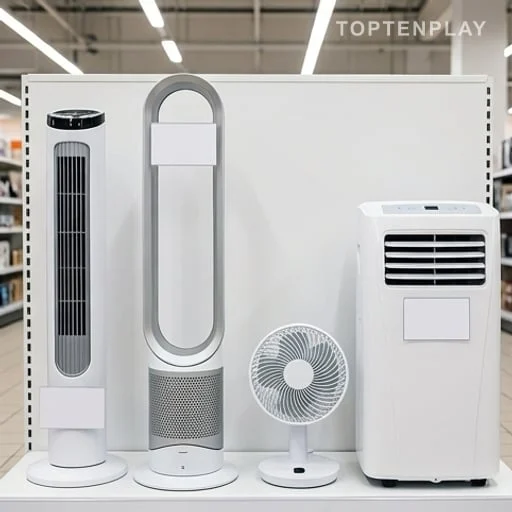 Ventilateurs et climatiseur mobile exposés en rayon